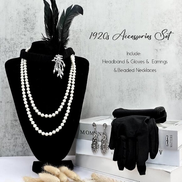 Women 1920s Flapper Set with Headband Beaded Necklaces Earrings Gloves for Vinta - Picture 6 of 7